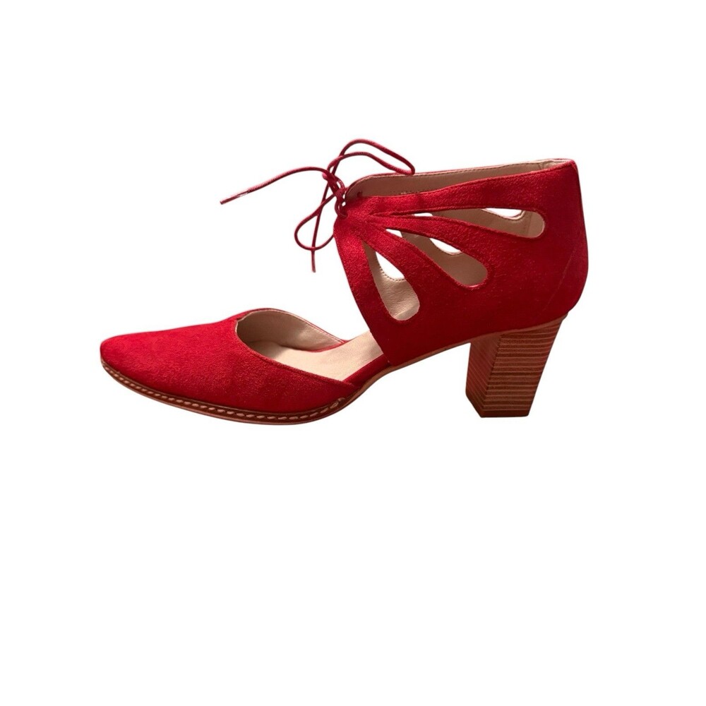 Dorking Red Suede Leather Lace-Up Cutout Pointed Toe Block Heel Pumps Size 39